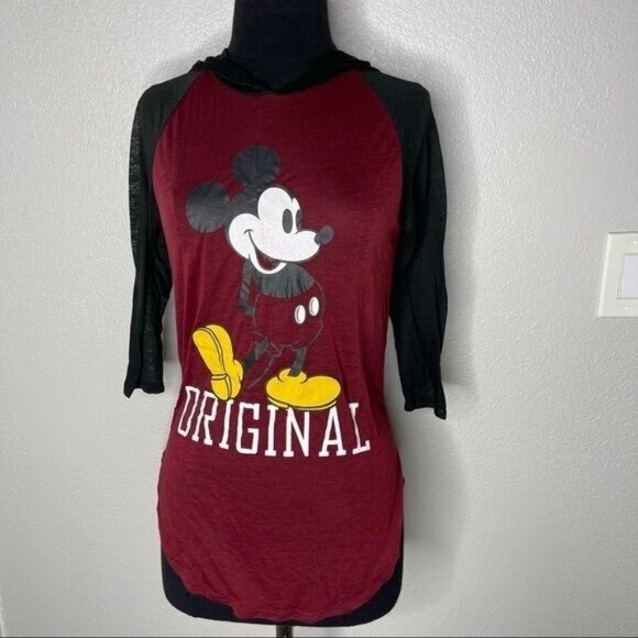 Disney Tops - Disney Mickey Mouse Burgundy & Black Burn Out  Hoodie Top 3/4THS Sleeves Size S